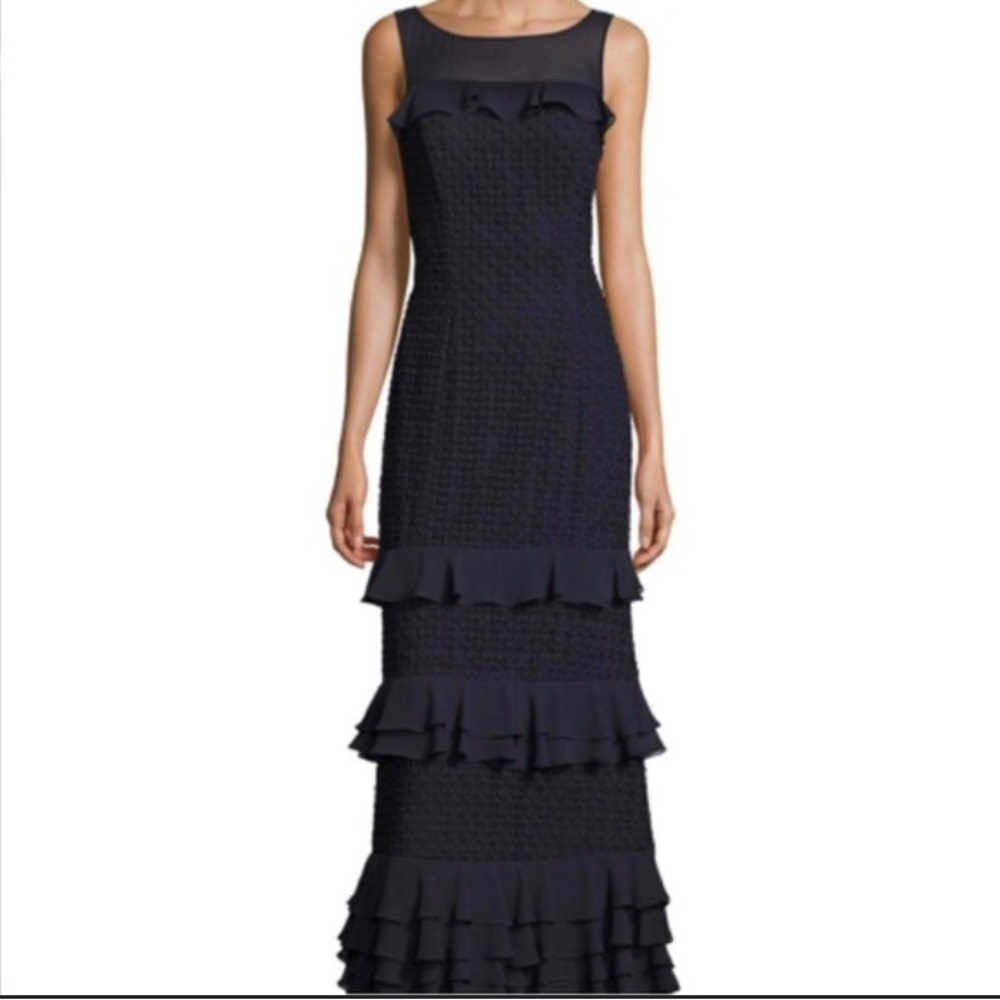 Kay Unger navy blue full length dress with sheer accents size 4
